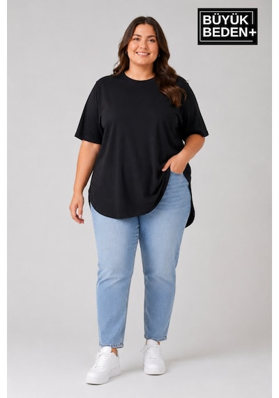 Superlife Büyük Beden Kadın Bisiklet Yaka Basic Oval Etek Detalylı 3xl-6xl Uzun Tunik Spr26btsk502 Siyah