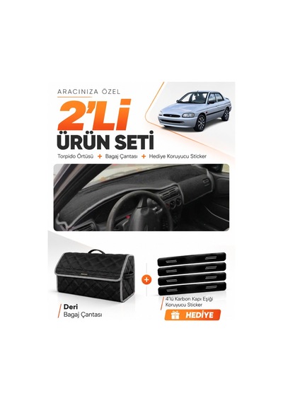 E-biz Ford Escort 1996-2002 Uyumlu Torpido Örtüsü + Deri Bagaj Çantası Seti - Siyah-gri - Fo014