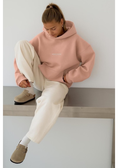 Benroma 3 İplik Penye Peteet Studıos Baskılı Unisex Kapüşonlu Sweat Pembe