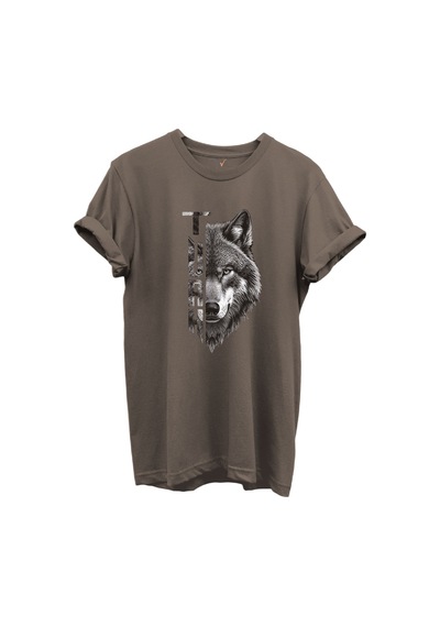 Yarı Kurt Yarısı Türk Yazı Tasarım Baskılı %100 Pamuk T-shirt Kahverengi