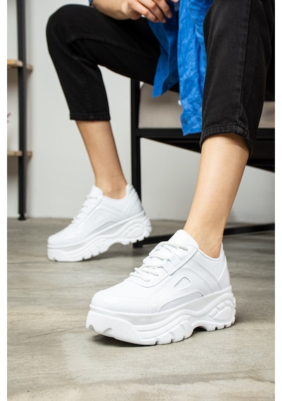 Nstil Günlük Kadın Spor Ayakkabı Yüksek Kalın Taban 6 Cm Suni Deri Sneaker 001 Beyaz - Rugan