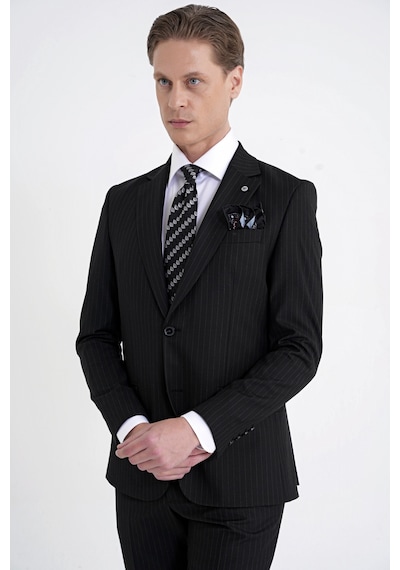 Efor Slim Fit Mono Yaka Esnek Yünlü Siyah Çizgili Takım Elbise Tk 942
