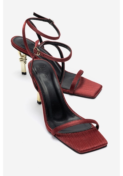 Luvishoes Sone Bordo Saten Gold Topuklu İnce Bantlı Kadın Topuklu Ayakkabı