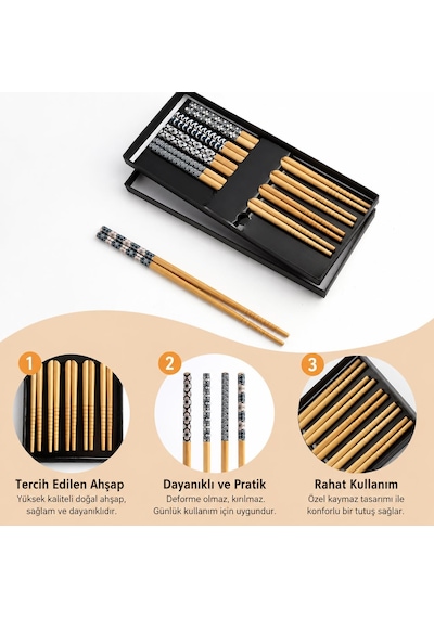 Valkyrie 5 Çift Doğal Ahşap Yemek Çubuğu Seti Japon Desenli Kaymaz Uçlu Kutulu 22,5cm Chopstick Seti