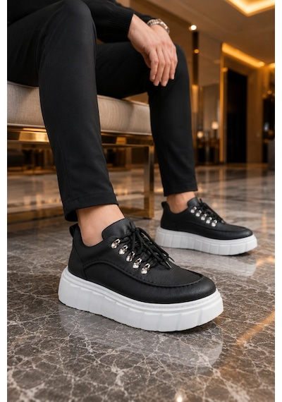 Mevese Duolc Bağcıklı Cilt Erkek Günlük Rahat Taban Sneaker Ayakkabı - Siyah Beyaz