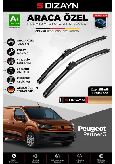 S-dizayn Peugeot Partner 3 Ön Cam Silecek Seti 2018 Üzeri Premium Araca Özel 65-43 Cm A+ Kalite