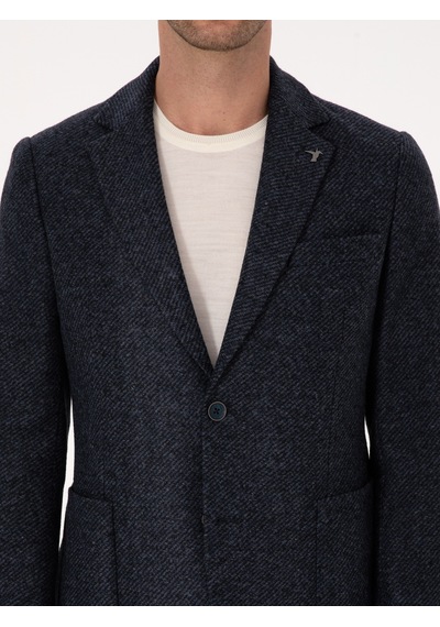 Cacharel Lacivert Slim Fit Yün Karışımlı Flanel Görünümlü Ceket
