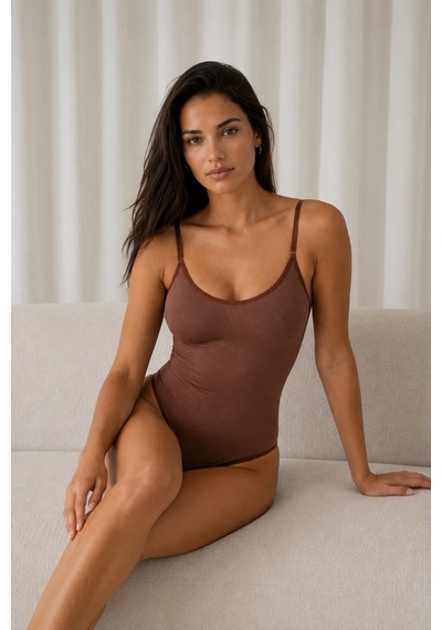 Fit Women Kadın Kapsız Cırt Cırtlı Düz Desen Kahverengi Body