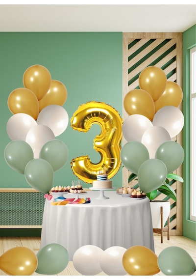 3 Yaş Küf Yeşili Temalı Doğom Günü Seti Metalik Gold Kum Beji Küf Yeşili Balonlar Gold Folyo Rakam Çok Renkli