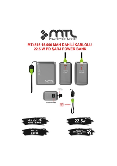 15000 Mah 22.5w Turbo Şarj Dahili Kablolu Led Göstergeli Pd Ve Qc 3.0 Powerbank Mt4515 Gri