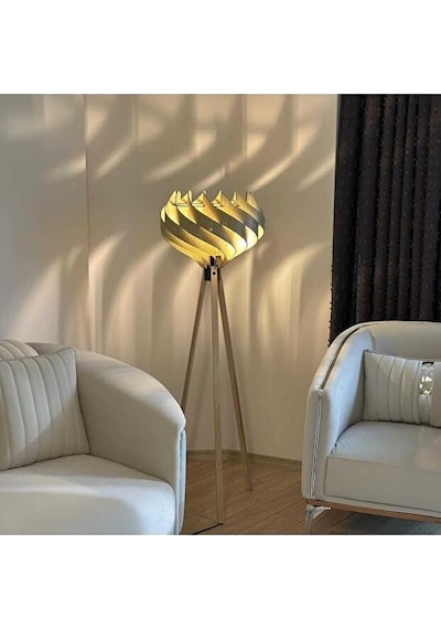 Ahşap Tripod Lambader, Modern Dekoratif Salon Lambası, Krem Renk 3 Ayaklı Ayaklı Lamba, Oturma Odası Yatak Odası K Çok Renkli