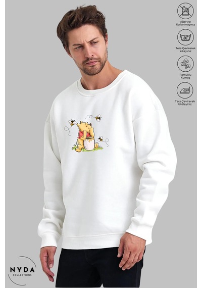 Unisex Uzun Kollu Winnie The Pooh Baskılı Bisiklet Yaka Kapüşonsuz Şardonlu Oversize Sweatshirt Beyaz
