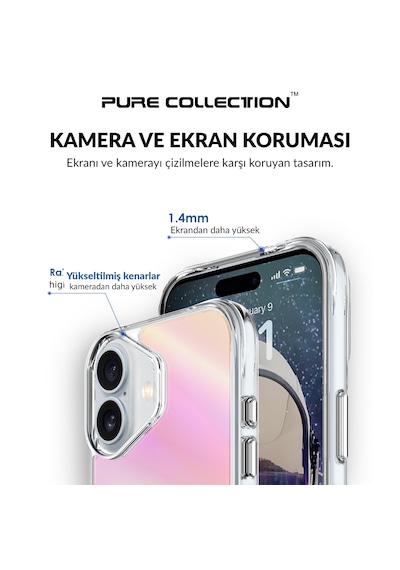 Bix iPhone Uyumlu 16 Plus Pure Rainbow Renk Geçişli Şeffaf Kılıf Çizilmeye Dayanıklı Darbe Emici Pembe