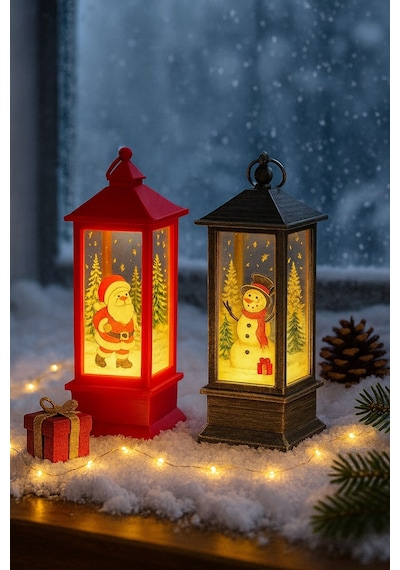 Yeni Yıl Noel Temalı 2 Li Set Işıklı Yılbaşı Feneri Noel Baba Kardan Adam Figürlü Kandili Fener 14cm Çok Renkli