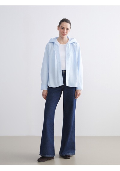 Lcwaıkıkı Classic Mavi Kapüşonlu Oversize Kadın Gömlek