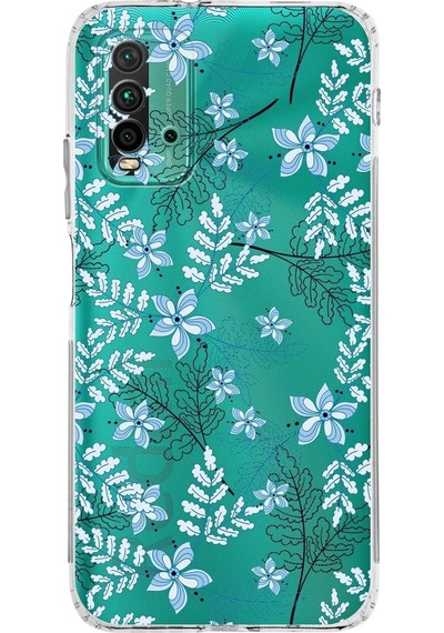 Xiaomi Redmi 9t Kamera Korumalı Kapak Floral Mavi Tasarımlı Şeffaf Kılıf