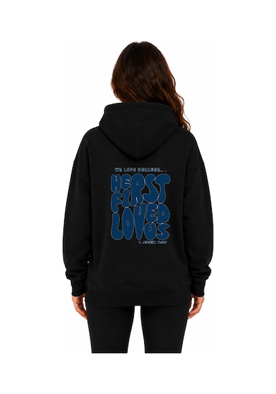 Herkesemoda First Love Arka Baskılı Kapüşonlu 2 İplik Şardonlu Sweatshirt Siyah