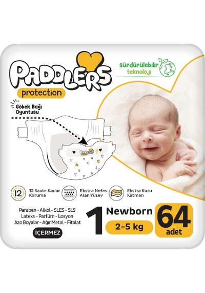 Protection Yenidoğan Bebek Bezi 1 Numara (2-5 Kg) 64 Adet Jumbo Paket - Hassas Ciltlere Uygun