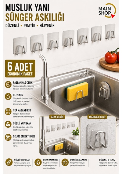 Mainshop Yapışkanlı Çok Amaçlı Askı 6'lı Set - Paslanmaz Çelik Bulaşık Süngeri Ve Mutfak Düzenleyici M-sng1 Gümüş