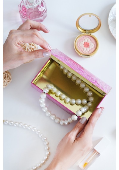 Premium Pembe Dalga Desen Dekoratif Organizer Kutu Takı, Makyaj, Dikiş Ve Aksesuar Saklama Kutusu 160x102x50 Mm