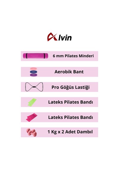 10 Parçalı Tam Donanımlı Pilates Seti 6 Mm Pilates Minderi, Dambıl,aerobik Lateks Bant,göğüs Lastiği Pembe