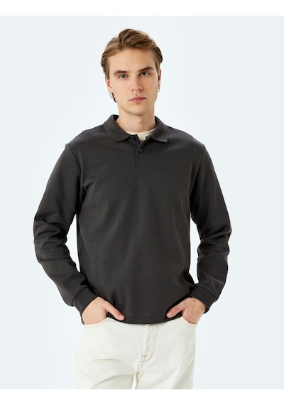 Koton Pamuklu İnterlok Kumaş Polo Yaka Sweatshirt Antrasit 5sam70003mk Antrasit