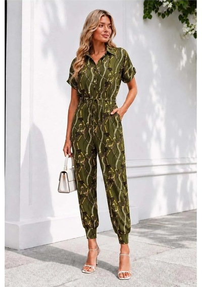 Kadın Modern Stil Tül Kumaş Kısa Kollu Tulum Haki