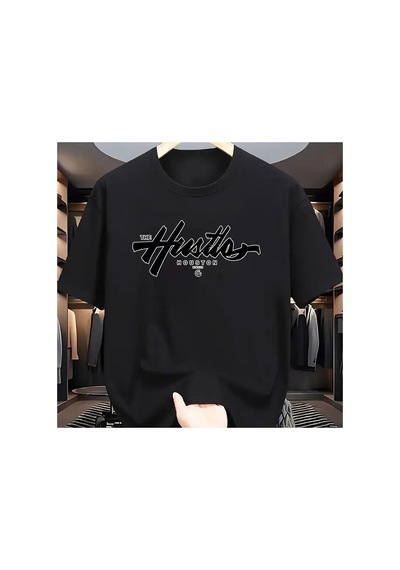 Caddemia Yaz  Rahat Gevşek Artı Boyutu Houston Mektup Baskılı Spor Yuvarlak Boyu Siyah 2XL
