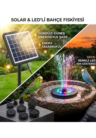 Gy-8039-1 Güneş Enerjili Şarjlı Bahçe Fiskiyesi Çeşme Otomatik Rgb Ledli Süs Havuzu Fiskiyesi 13cm