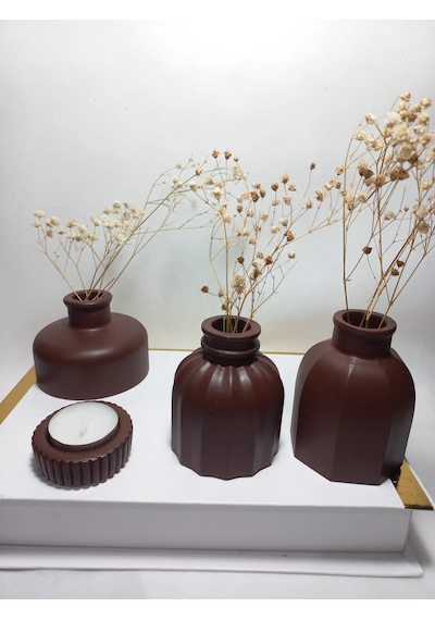 Modern Minimal Vazo Set 3'lü, Ev & Ofis Hediyelik, Dekoratif Obje, Kahverengi