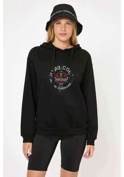 Hard Core Never Surrender Baskılı Siyah Kadın Kapşonlu Sweashirt