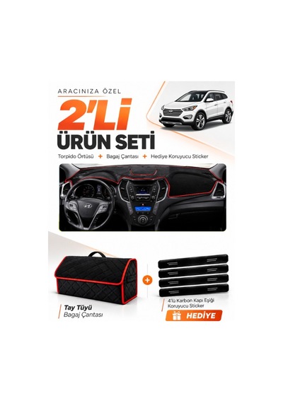 Hyundai Santa Fe 2012-2017 Uyumlu Torpido Örtüsü + Tay Tüyü Çanta + Sticker - Siyah Kırmızı