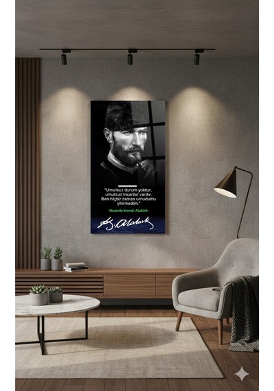 Mustafa Kemal Atatürk Portre Cam Tablo Umut Sözlü Siyah Beyaz Tasarım