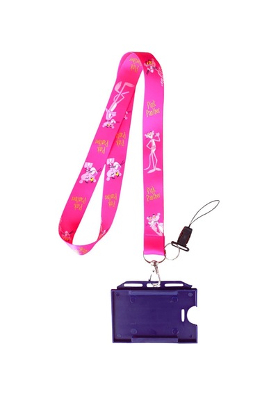 Pembe Panter Kart Askı Ipi, Yaka Askı Ipi, Telefon Askısı Ve Mor Plastik Yatay Kartlık