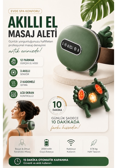 12 Parmaklı Akıllı Boyun Ve Omuz Masaj Aleti Lcd Ekranlı, Isıtmalı, 3 Sensörlü, Kablosuz Şarjlı 2000 Mah Koyu Yeşil