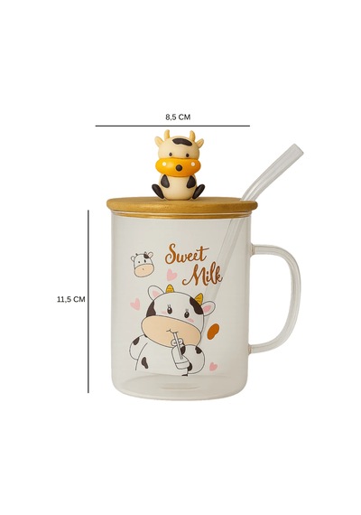 İnek Figürlü Cam Kupa Bambu Kapaklı Ve Cam Pipetli Meşrubat Bardağı - Sweet Milk Şeffaf