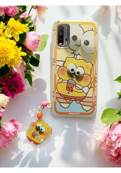 Xiaomi Redmi 9t Sünger Bob Tasarımlı Charmlı Telefon Kılıfı Sarı