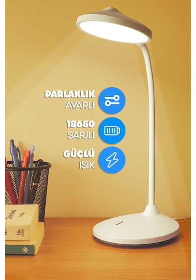 Şarjlı Masa Lambası Işık Ayarlanabilir Telefon Tutuculu Ders Çalışma Okuma Işığı Doğal Işık 1023 Beyaz