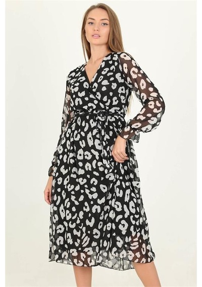 Neşeli Butik Kadın Desenli Bağlama Detaylı Midi Boy Astarlı Şifon Elbise Rssn14 Siyah