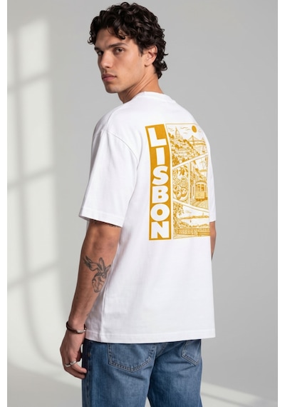 Black Nova Oversize Baskılı Unisex Tişört Lisbon Stamp Beyaz