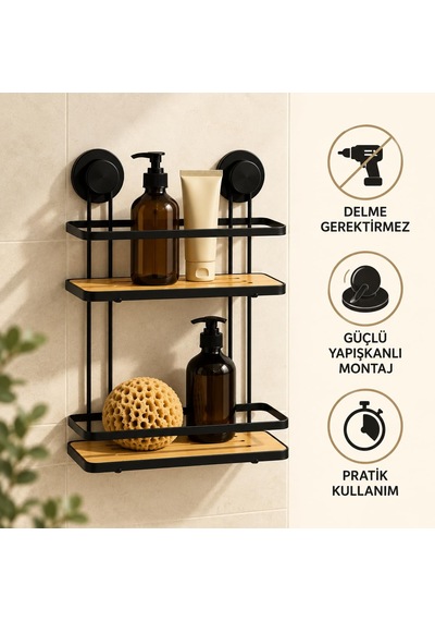 Deconox Metal Bambu Banyo Rafı 2 Katlı, Delmeden Yapışkanlı Duş Düzenleyici Raf, 25 X 10 Cm, 32 Cm Yükseklik, Şampuan Ve Duş Jeli Organizeri Aahşap