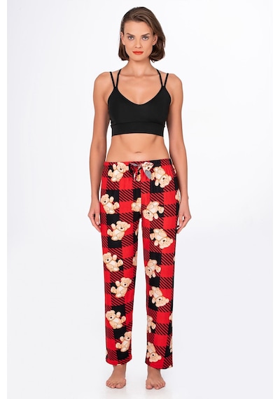 Kompedan Kadın Süet Kırmızı Kareli Ayıcık Desenli Pijama Tek Alt Desen 8