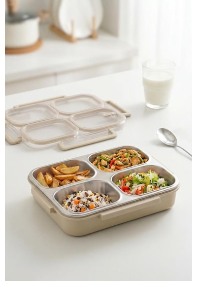 Digithome Bento Taşınabilir 4 Bölmeli Paslanmaz Çelik Yemek Kabı Termosu Lunch Box - Bej