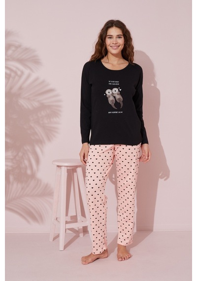 Siyah İnci Pamuklu Örme Pijama Takım 24240153 Siyah