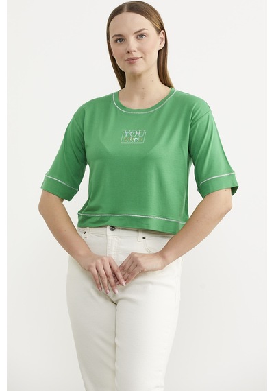 Sim Detaylı Oversize Crop Tişört - Yeşil Çok Renkli