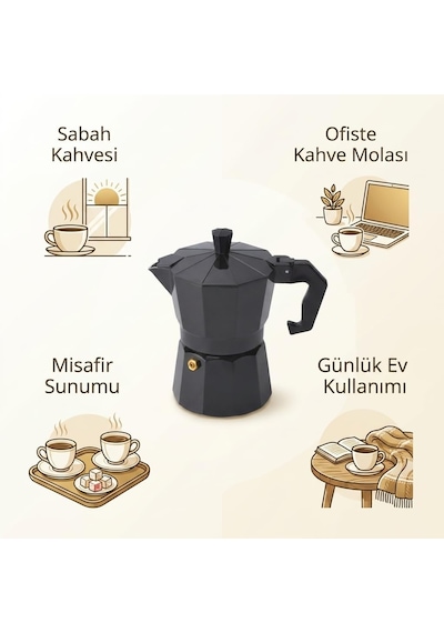 Siyah Moka Pot 3 Fincanlık Moka Kahve Cezvesi, 180 Ml Alüminyum Espresso Demliği, Ocak Üstü Kahve Yapıcı, Gazlı Elektrikli Ve Seramik Ocak Uyumlu, 9x12x17 Cm