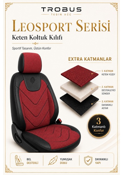 Opel Zafira 5 Kişi 2003-2011 Uyumlu Leosport Serisi Ortopedik Keten Oto Koltuk Kılıfı Kırmızı Siyah