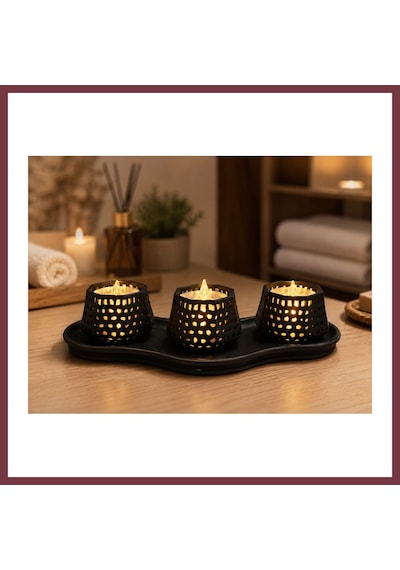 Storeşahin 3d Baskı Dekoratif Mumluk Seti - Desenli Tealight Ve Masaüstü Aydınlatma Objesi-siyah Shn0720