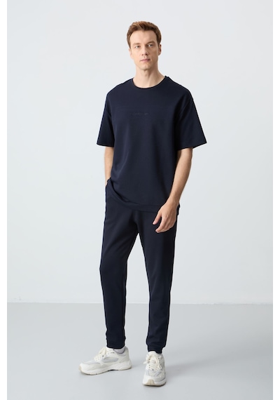 Tommy Life Lacivert Pamuklu Kalın Yumuşak Dokulu Oversize Fit Basic Erkek Eşofman Takım - 85261 Lacivert