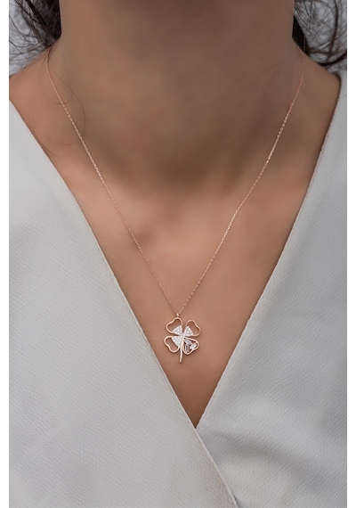 925 Ayar Gümüş Baget Taşlı 4 Kalpli Yonca Kolye Rose Gold